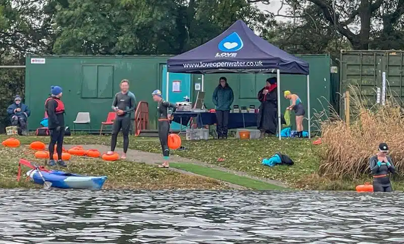 Swimmers preparing to enter Hovingham Lake in Nottingham