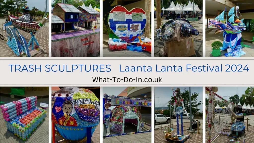 Collage of trash sculptures at the 2024 Laanta Lanta Festival