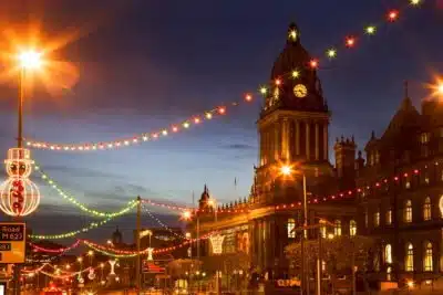 Town Hall and Christmas lights on The Headrow, Leeds, West Yorkshire, Yorkshire, England, United Kingdom, Europe