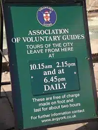 Free guided walking tours of york sign